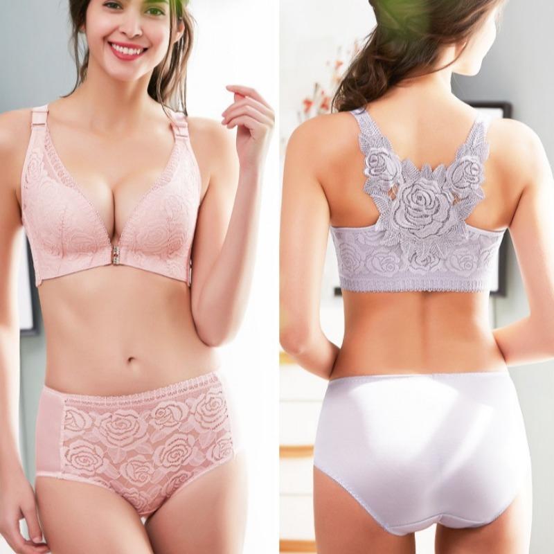 Front Buckle Rose Beautiful Back Plus Size Bra Set Big Breasts Small Gathering Underwear Women's Upper Support Adjustable Bra
