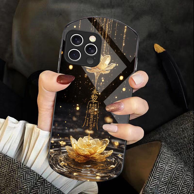 

Порошок Золотого Лотоса Для IPhone 16 Pro Max 11 12 Mini 13 14 P Lus 15 Plus 7 8 Se 2020 X Xs Эллиптический Закаленный Стеклянный Чехол Для Телефона For iPhone 14 ProMax