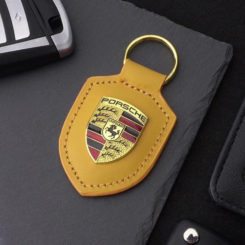 High Quality PU Leather Car Keychain Shield Alloy Keyring Pendant Gift For Porsche Cayenne Panamera Macan Boxster Cayman Sticker Mszh62