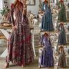 2023 Bohemian Style V-Neck Bell Sleeve High Waist Floral Vacation Dress for Women
