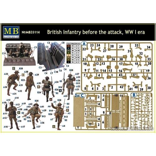 Master Box 1/35 Scale British Infantry Unit (5-Piece Attack) with Trench Miniature Diorama, Plastic Model Kit MB35114