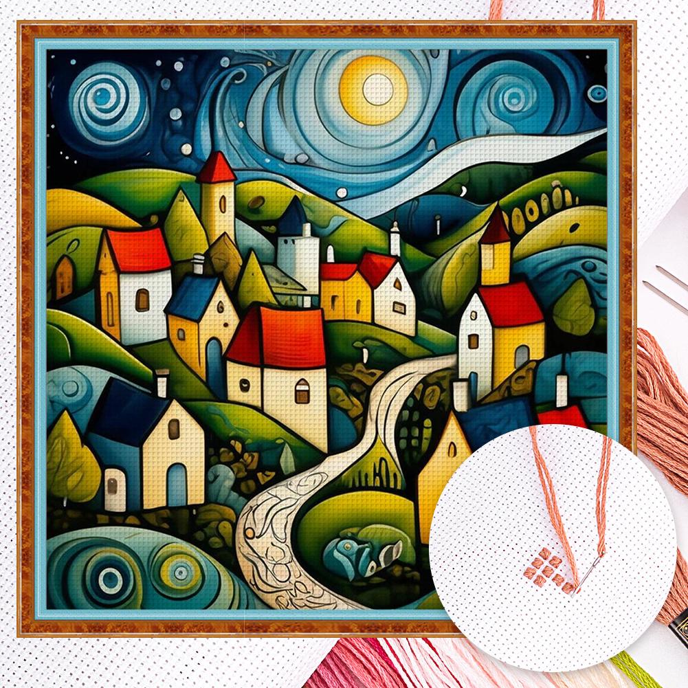 

Colorful Houses Full 14CT DIY Counted Cross Stitch Kits 40x40cm Cross Stitch Embroidery Kits for Adults Home Decor
