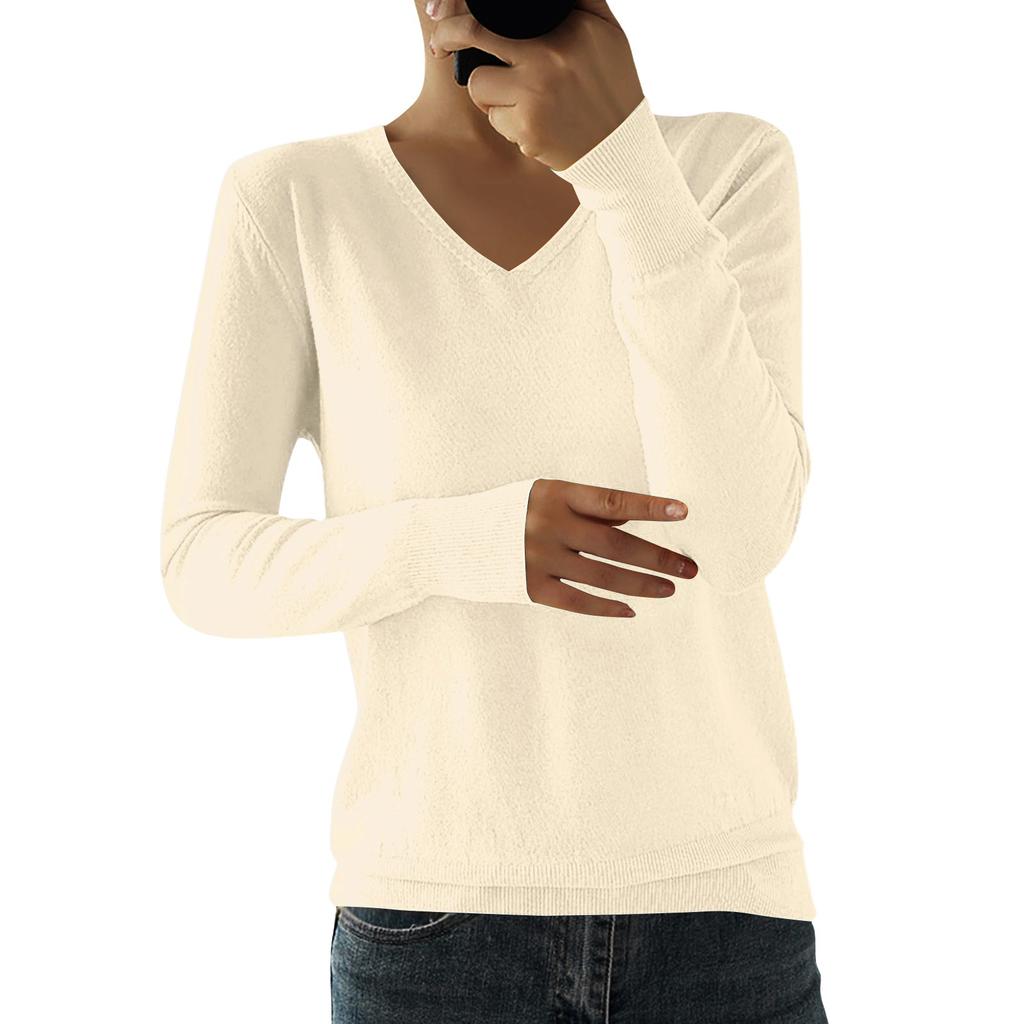 Women's Fashion Loose Knit Sweater Bottom Shirt V-Neck Pullover Long Sleeve Solid Color Top