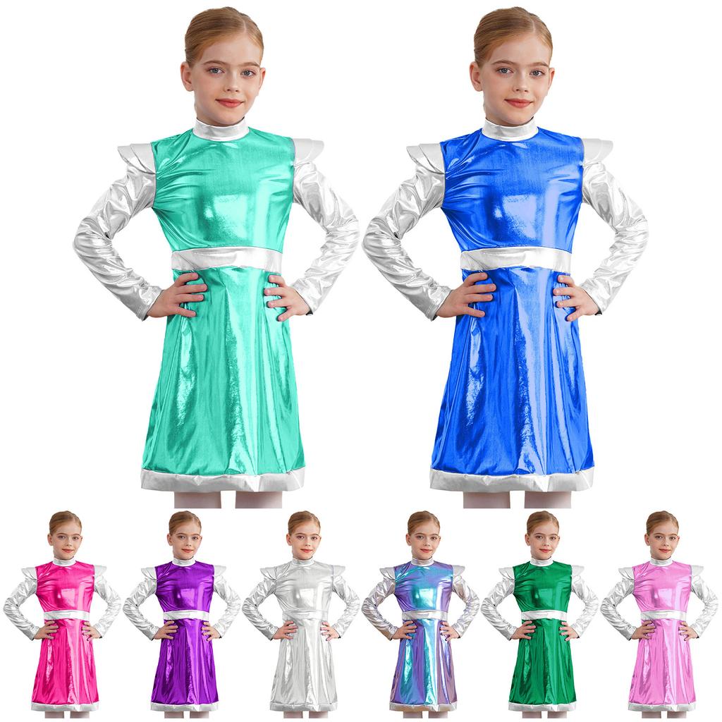 Girls Outer Space Cutie Costume: Shimmering PU Patchwork Alien Dress for Halloween & Sci-Fi Role Play Parties