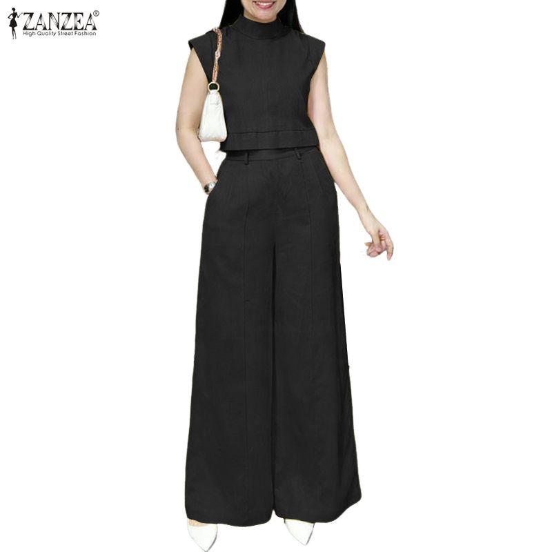 ZANZEA Women Sleeveless Vest Tops and Wide Leg Pants Summer Two Piece Suit Sets