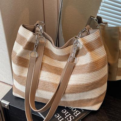 Contrasting Color Woven Large-capacity Tote Bag Women's Summer New Trendy Simple Leisure College Student Class Commuting Shoulder Bag