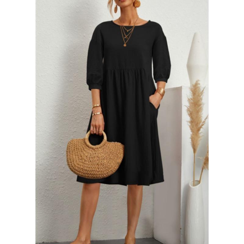 New Women's Solid Color Fashionable Sleeve Loose Cotton Linen Dress