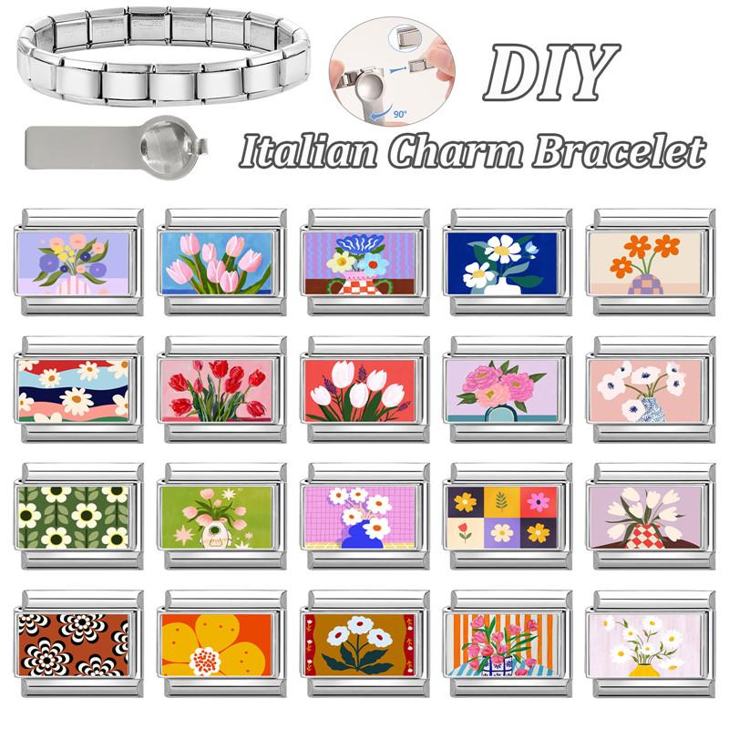 Colorful Art Printing Daisy Sunflower Tulip Rose Flowers Italian Charm Links Fit 9MM Stainless Steel Bracelet DIY Making Gifts