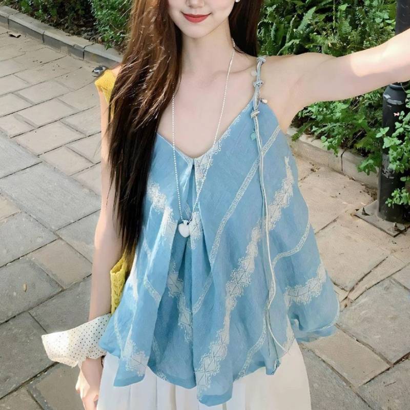 Summer Blue Floral Beaded Camisole With Loose Fit For Womens Vacation Wear