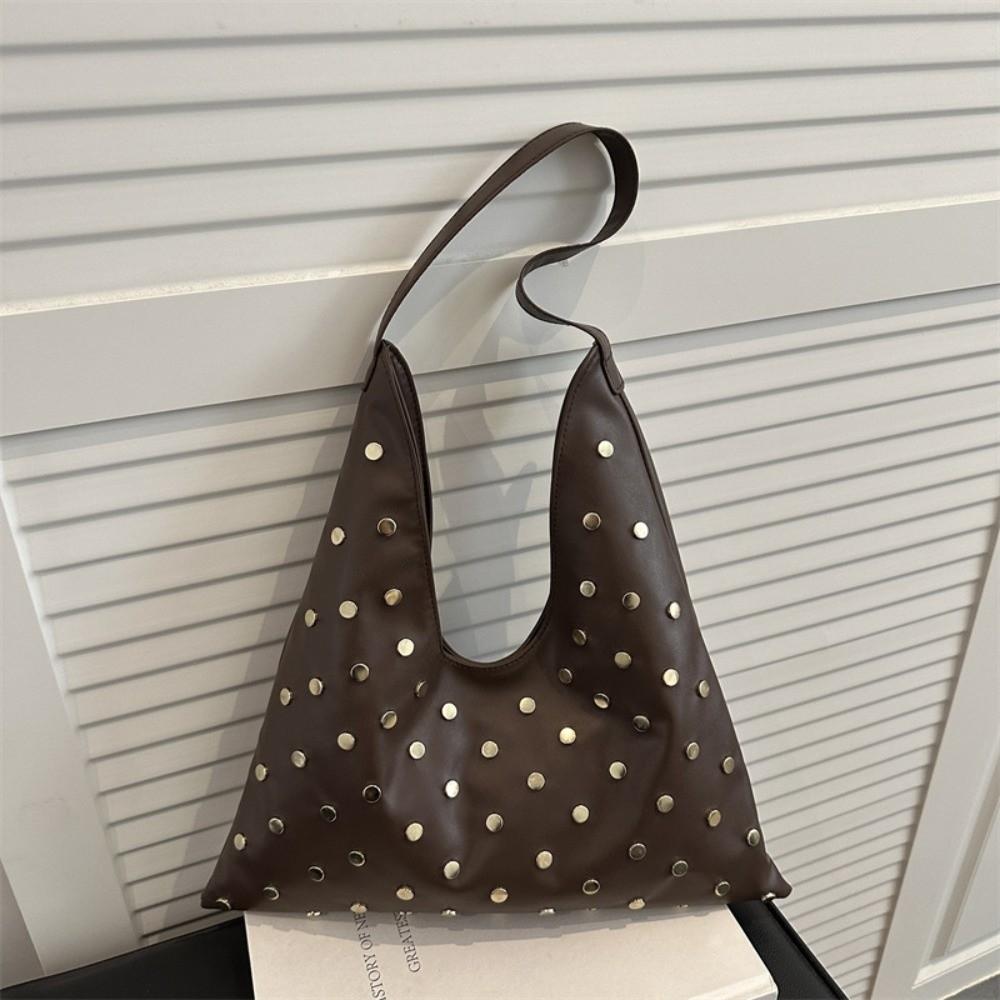 Lightweight PU Leather Armpit Bag Large Capacity Underarm Bucket Handbag Rivet Shoulder Bag  Women кофейный