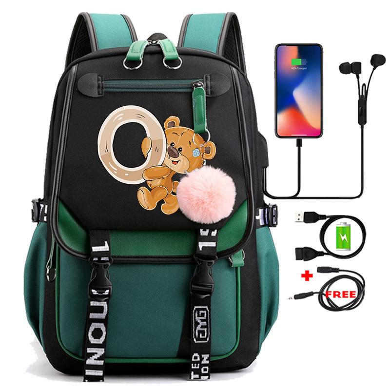 Lovely Little Bear 26 English Letters Student School Bag Backpack Outdoor Teenage Girl Cartoon Bookbag Laptop Travel Rucksack