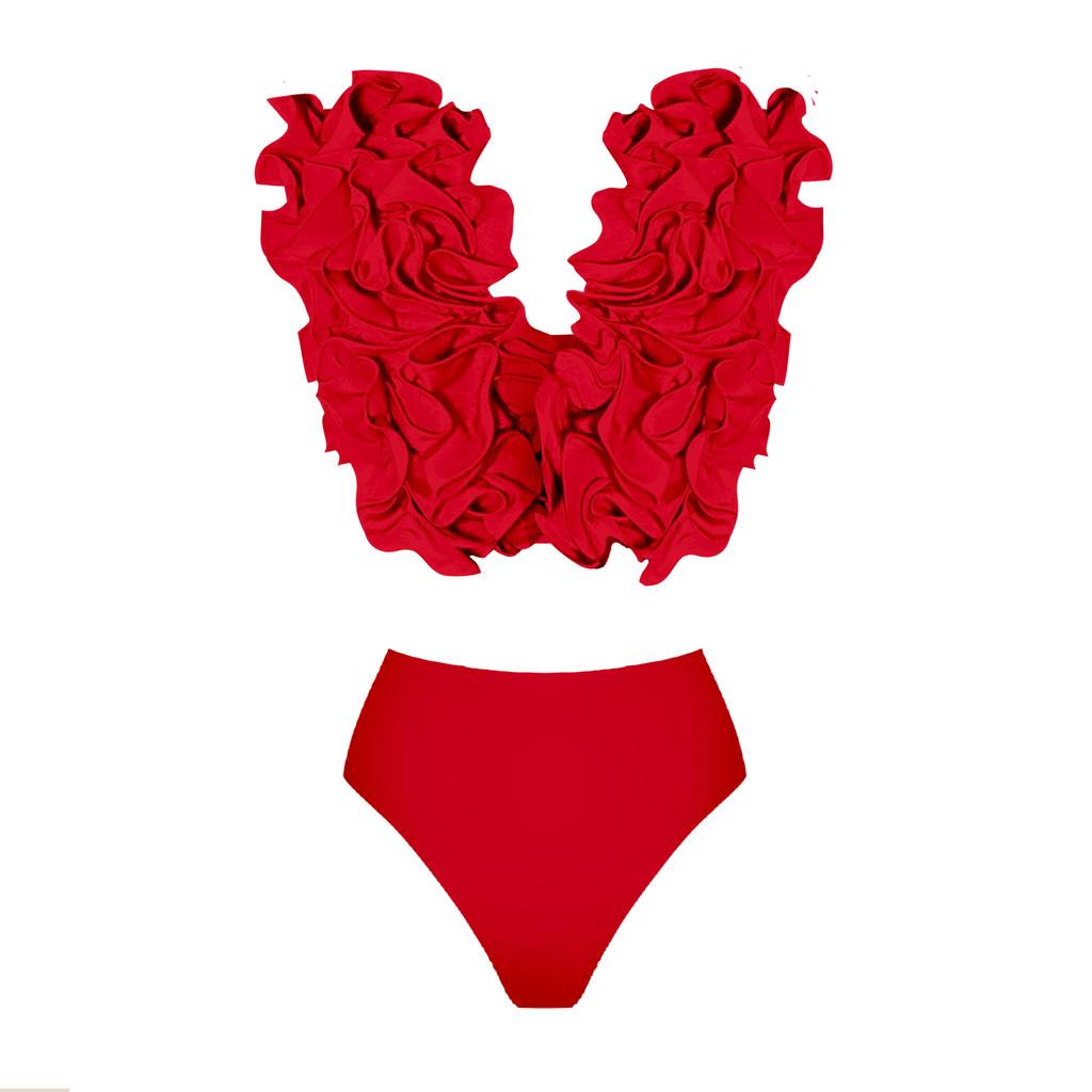 Solid Red Flower One Piece Swimsuit Luxury Women Swimwear Sexy Swim Suit Deep V Monokini Off Shoulder Bodysuit Bathingsuit