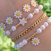 4-piece/set Chrysanthemum Pendant Bracelet Set and White Artificial Pearl Bead Stackable Bracelet Jewelry Set