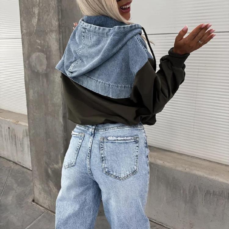 Women Autumn Long Sleeve Denim Hoodies Pullovers Stitching Sweatshirts Tops for Ladies