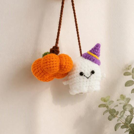 Hand Woven Woolen Ghost Decor Handmade Pumpkin Car Rear View Mirror Pendant, Cute Crochet Pendant Ornament Hanging for Halloween Auto Interior