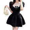 Black Square Neck Bow Bubble Sleeve Dress Women's Summer Temperament Waist Princess Fluffy Short Skirt Small Black Skirt
