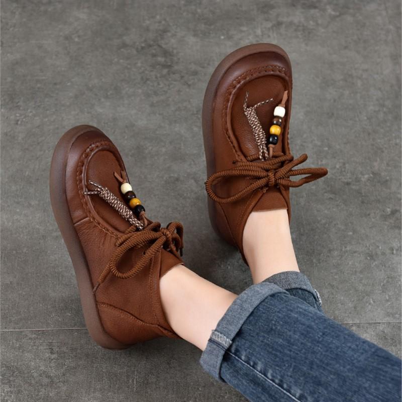 Johnature Genuine Leather Round Toe Lace-up Flat Ankle Boots Casual Versatile Women's Shoes