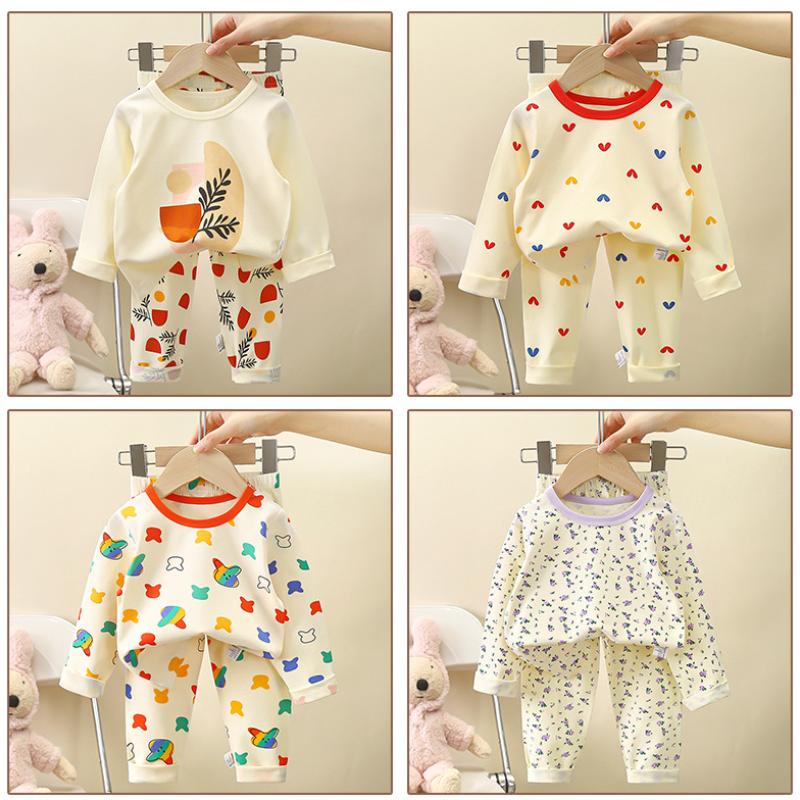 100% Cotton Kids Thermal Underwear Set Long Sleeve Pants Soft Sleepwear Homewear Cartoon Print Comfortable A Class Safety