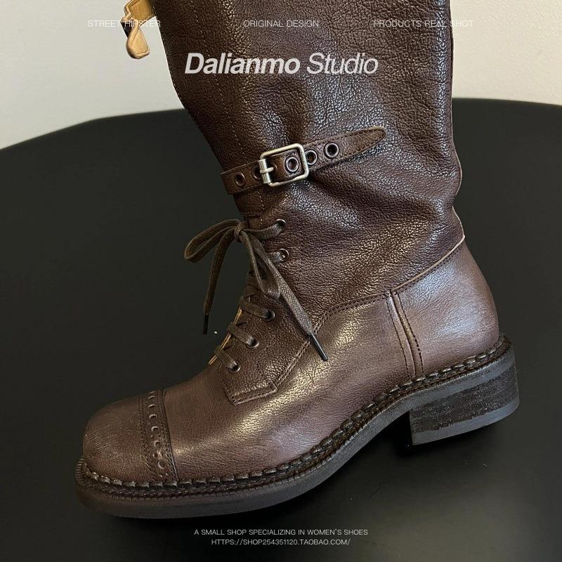 Cowhide version~ retro leather fashion boots women's autumn new models old knight boots belt buckle boots
