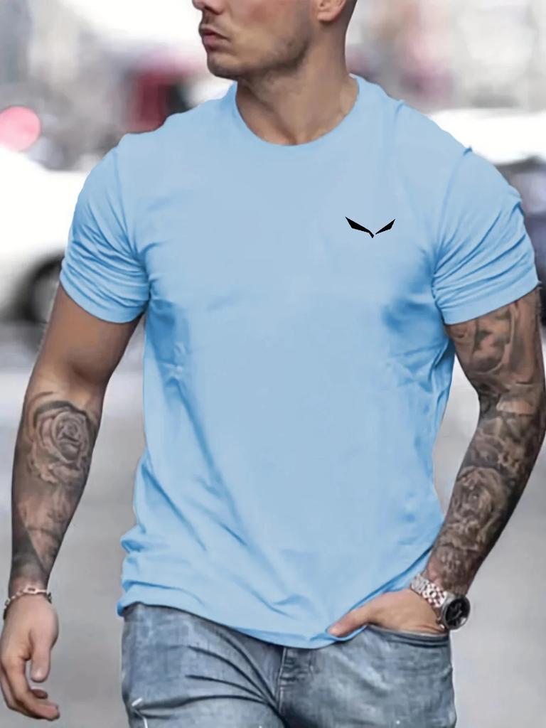 Men's Summer Loose-fitting T-shirt, 100% Polyester Bird Print Slim Casual Round-neck Short-sleeved