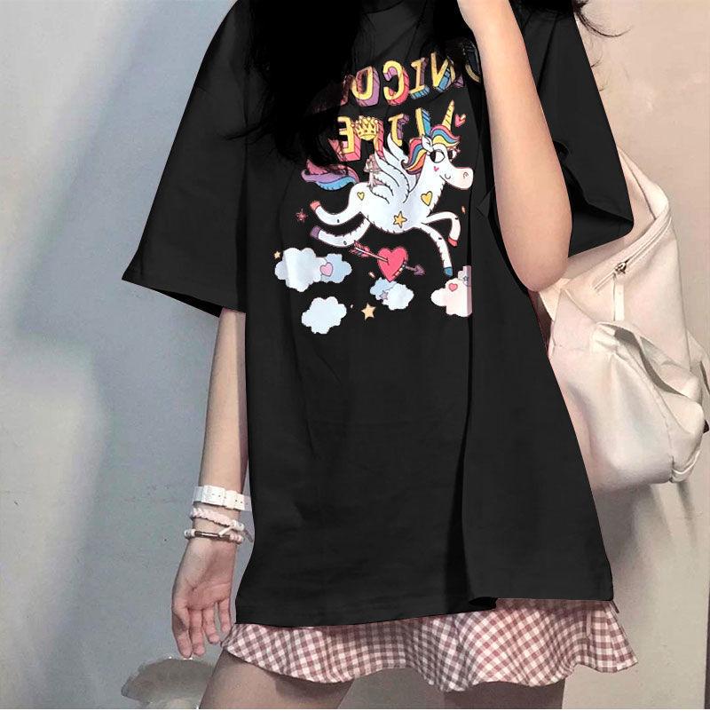 

Футболки с короткими рукавами для девушек с милым мультяшным принтом для женщин, летние повседневные футболки большого размера, футболки в стиле Харадзюку, топы y2k XXL чёрный