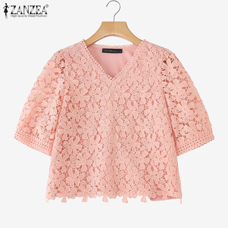 ZANZEA Women Summer V-Neck Short Sleeve Casual Lace Patchwork Blouse
