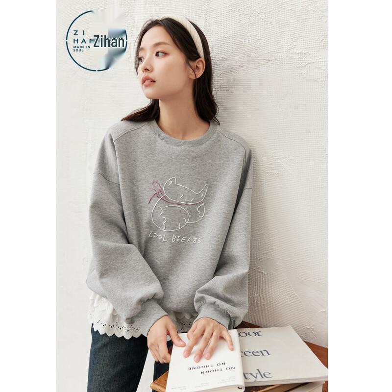 ZIHAN Women s Cat Embroidery Loose Sweatshirt L