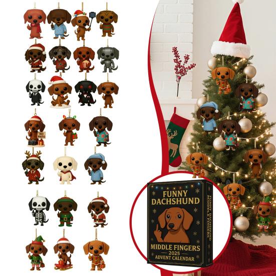 Dachshund Advent Calendar 2025 Funny Middle Finger Dachshund Collectible Pendants 24 Days Countdown To Christmas Decoration for Dog Lovers