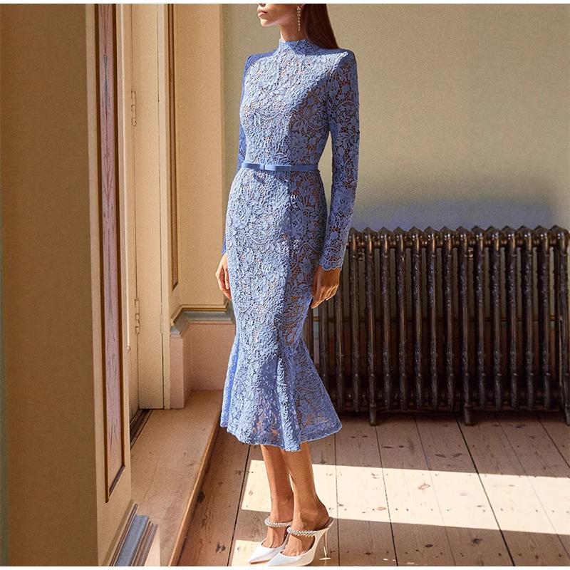 Ladies' Perspective Lace Hollow Belt Long Sleeve Fishtail Dress Solid Color Lace Decorative Elegance Ladies' Long Sleeve Dress Spring Autumn New Style