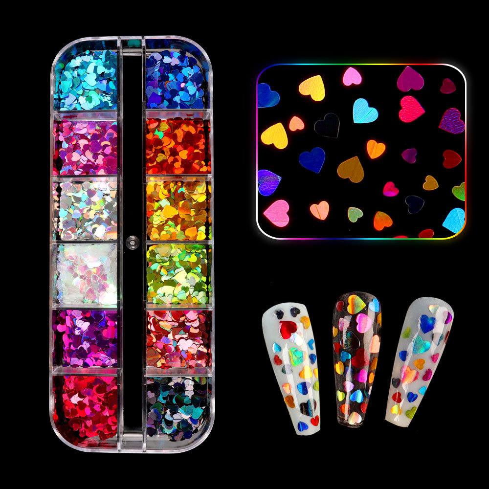 Nagelglitzer-Pailletten, 12 Gitter/Box, Zellstoff, unregelmäßige Flocken, Nagelglitzer, glänzender Laser, mehrfarbig, Nagelkunst-Dekoration