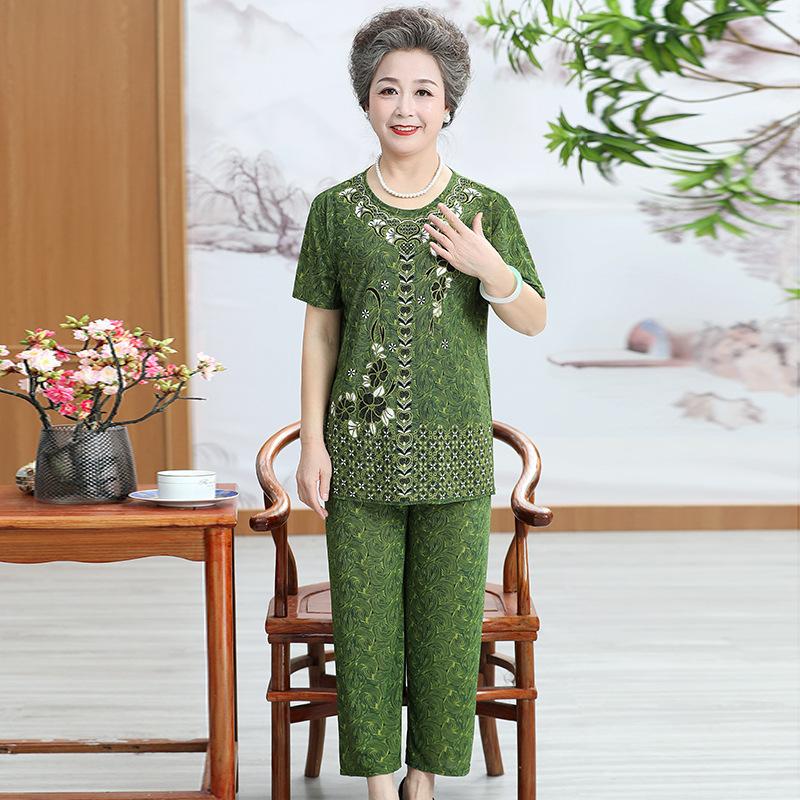 New Women 2 Piece Set Loose Print Short-sleeved T-shirt Tops + Pants Suits Middle-aged Mother Summer