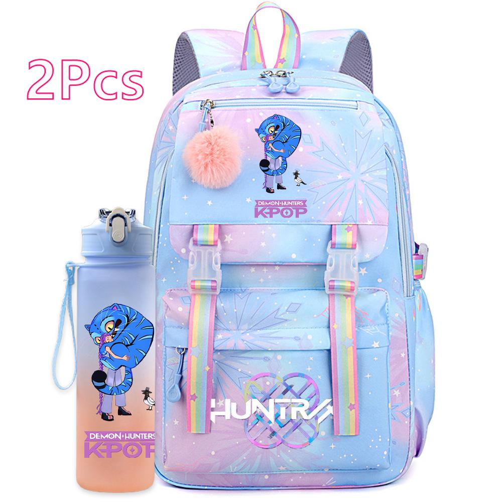 2Pcs/set Cute K-Pop Demon Hunters Printed Backpack with 750Ml Water Bottler for Teenager Student Girl Boy Large Capacity Waterproof Bookbag Travel Bag