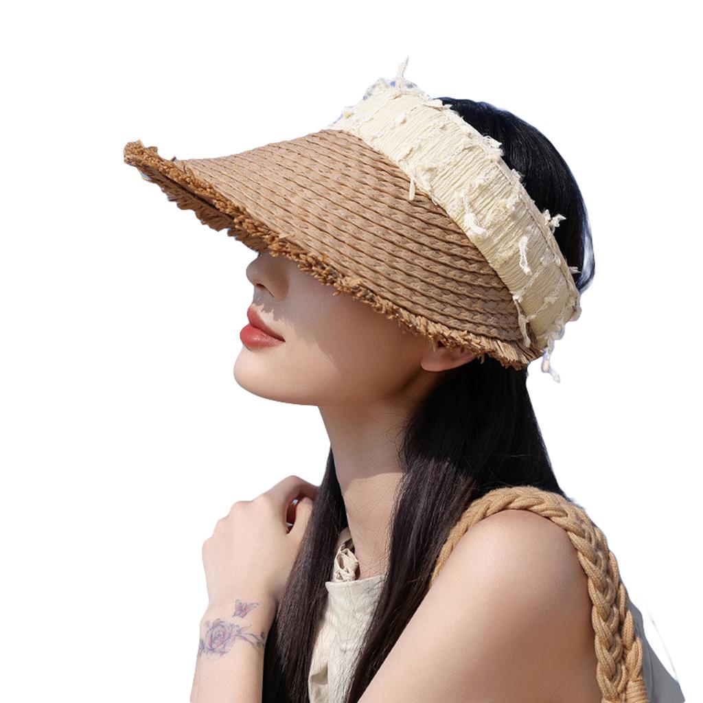 Women Straw Visor Hat Summer UV Protection Open Top Sun Hat Frayed Trim Beach Caps for Sports Golf Hiking Travel