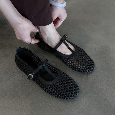 Hollow and Breathable Outer Wear Summer Mary Jane Sandals Women's Word with Round Head Shallow Mouth Flat Bottom Small Single Shoes