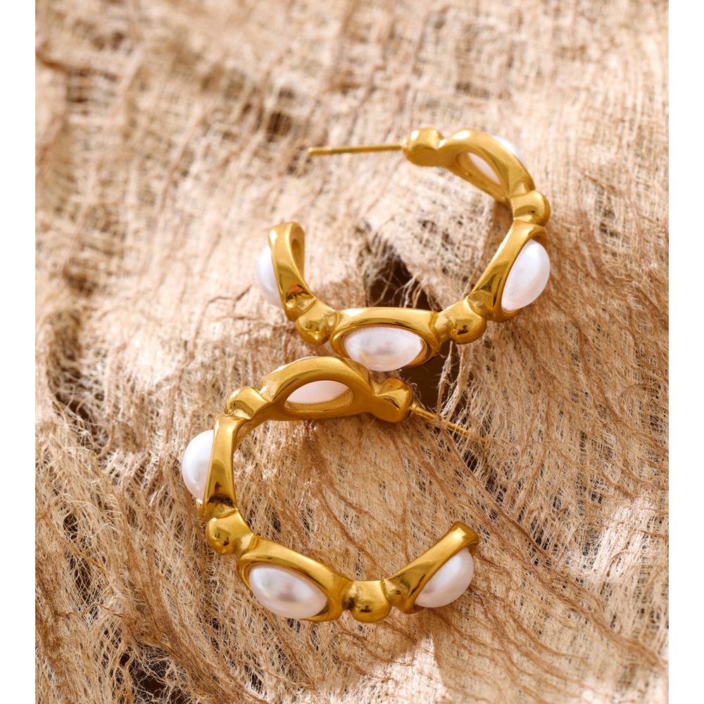Yhpup Simulated Pearls C-Shape Hoop Earrings for All Occasions Stainless Steel Vintage Fashion Korean Daily Basic Jewelry Gift