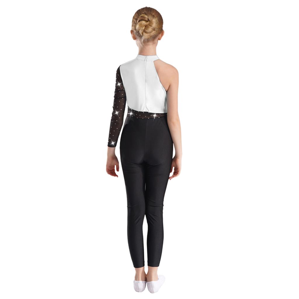 Girls Glittery Gymnastics Jumpsuit One Shoulder Sheer Mesh Long Sleeve Rhinestone Bodysuit Skating Wear