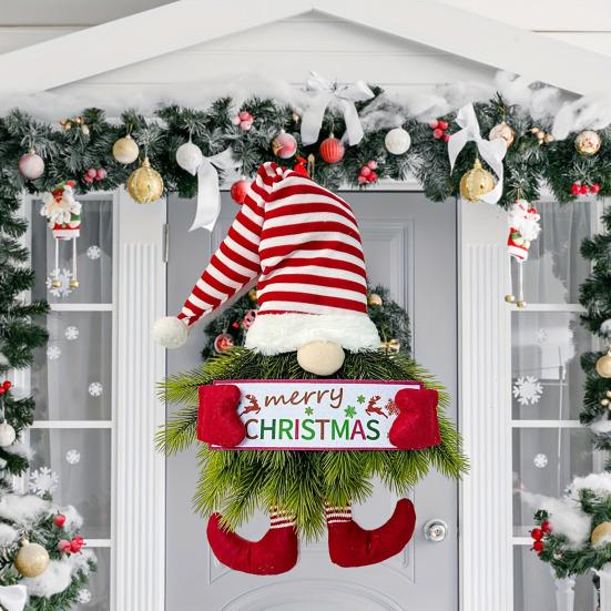 Yousheng Lighted Christmas Gnome Wreath Artificial Pine Spruce Wreath for Front Door Swedish Tomte Hanging Sign for Xmas Porch Indoor Outdoor Home