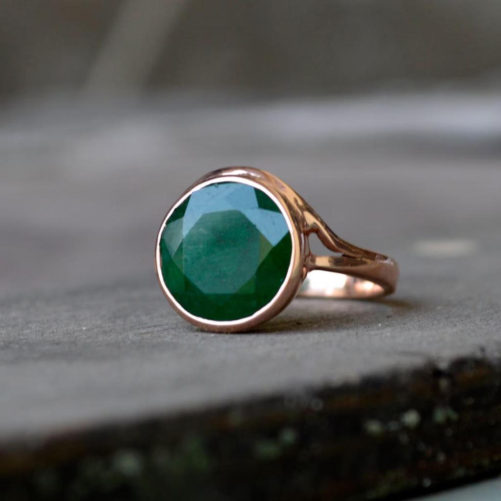 Zambian Green Emerald Sterling Silver Rose Gold Overlay Ring, May Birthstone Emerald Ring