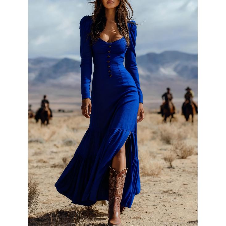 2026 New Women's Vintage Western Style Long Dress with Buttons, Ruched Long Sleeves, Sexy Dress