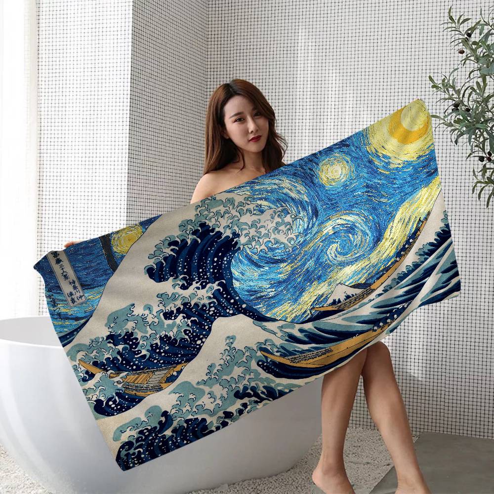Japanese Wave Art Bath Towel Microfiber Soft Water Absorbing Breathable For Girl Kids Decorative Cartoon Beach Towel