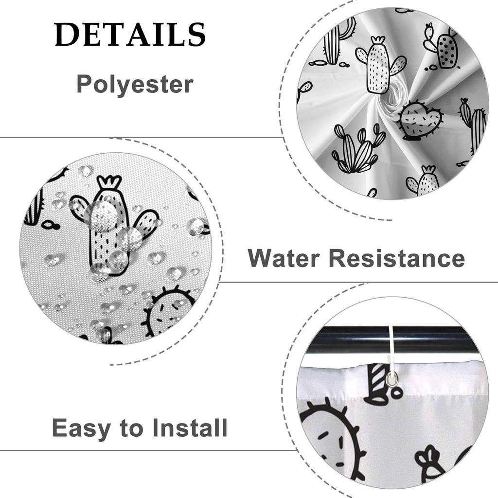 Cartoon Cactus Shower Curtain Tropical Plants Mexican Texas Minimalism Black And White Decorative Artistical Shower Curtains For