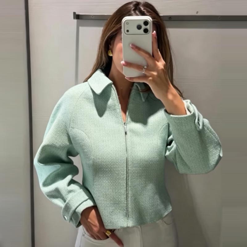 Cropped Tweed Jacket Women's Jacket Demi-Season Zip-Up Long Sleeve Mint Green Outerwear Streetwear Coats