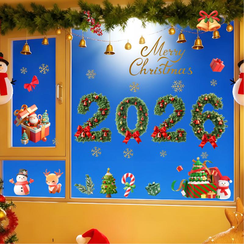 Christmas Glass Electrostatic Stickers | 2026 New Year Green Pine Needle Window Stickers Bow Party Decoration Festival Supplies
