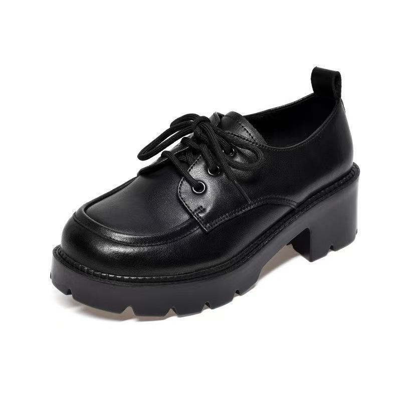 British style thick-soled lace-up small leather shoes autumn new non-slip, wear-resistant and heightening single shoes low-top shoes