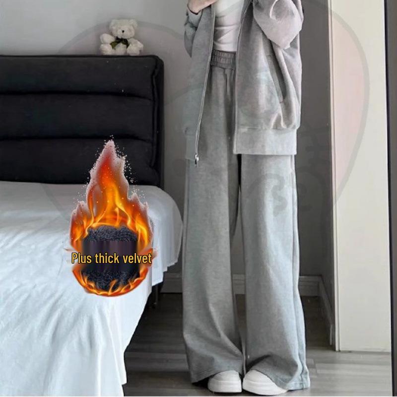 Dámská šedá mikina s kapucí a široké kalhoty - Ležérní podzimní/zimní dvoudílný set s kardiganovou bundou - Trend