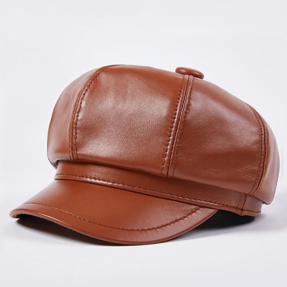 Women's Fashion Sheepskin Leather Octagon Beret Hat Duck Tongue Cap for Winter