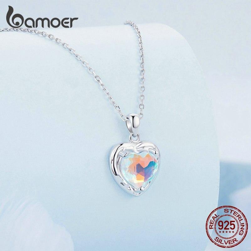 BAMOER 925 Sterling Silver Sparkling Heart Pendant Necklace for Women Simple Silver Necklace Engagement Fine Jewelry
