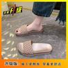 Round head fashionable versatile outer wear cool slippers women's word with rhinestones gentle wind flat bottom slippers 2025 autumn and summer new