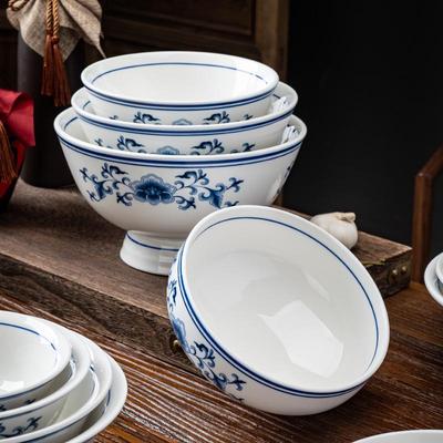 Blue and White Porcelain Tall-Stemmed Trumpet Ramen Bowl for Soup, Noodles, or Consommé - Restaurant Tableware