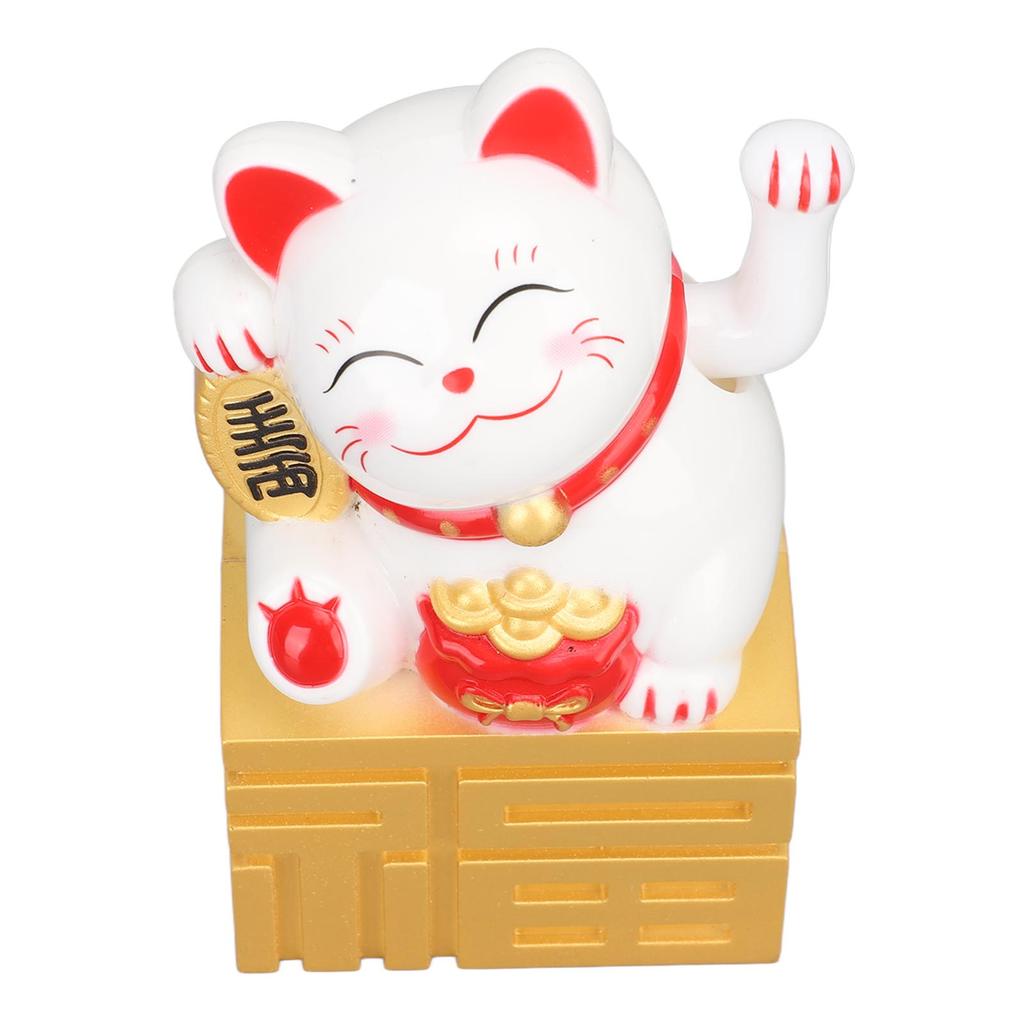 Lucky Cat Statue Waving Arm Solar Powered Fortune Beckoning Chinese Feng Shui Desktop Decor 4in White